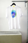 White short-sleeve T-shirt hanging on a black hanger. Featuring a colorful graphic, against white background.