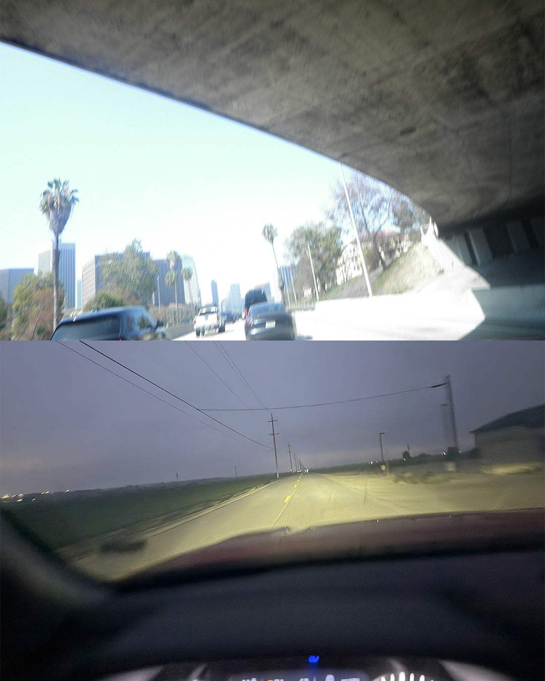 Dash board view of car driving in LA in two different locations